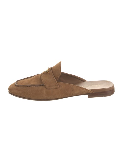 Prada Enameled Metal Triangle Suede Mules