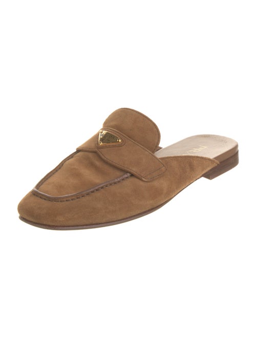 Prada Enameled Metal Triangle Suede Mules
