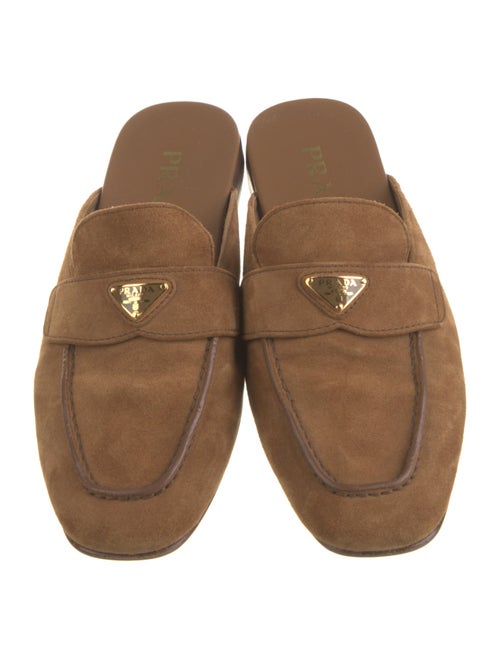 Prada Enameled Metal Triangle Suede Mules