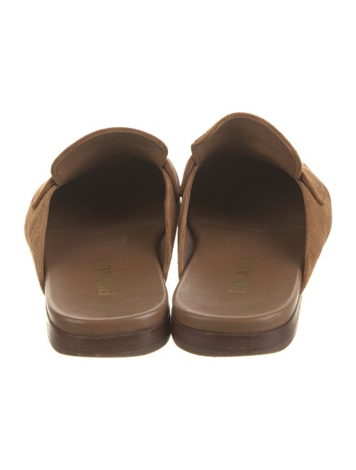 Prada Enameled Metal Triangle Suede Mules