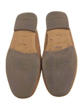 Prada Enameled Metal Triangle Suede Mules