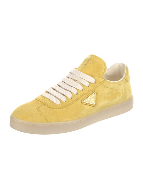 Prada Enameled Metal Triangle Suede Sneakers