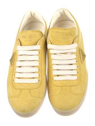 Prada Enameled Metal Triangle Suede Sneakers