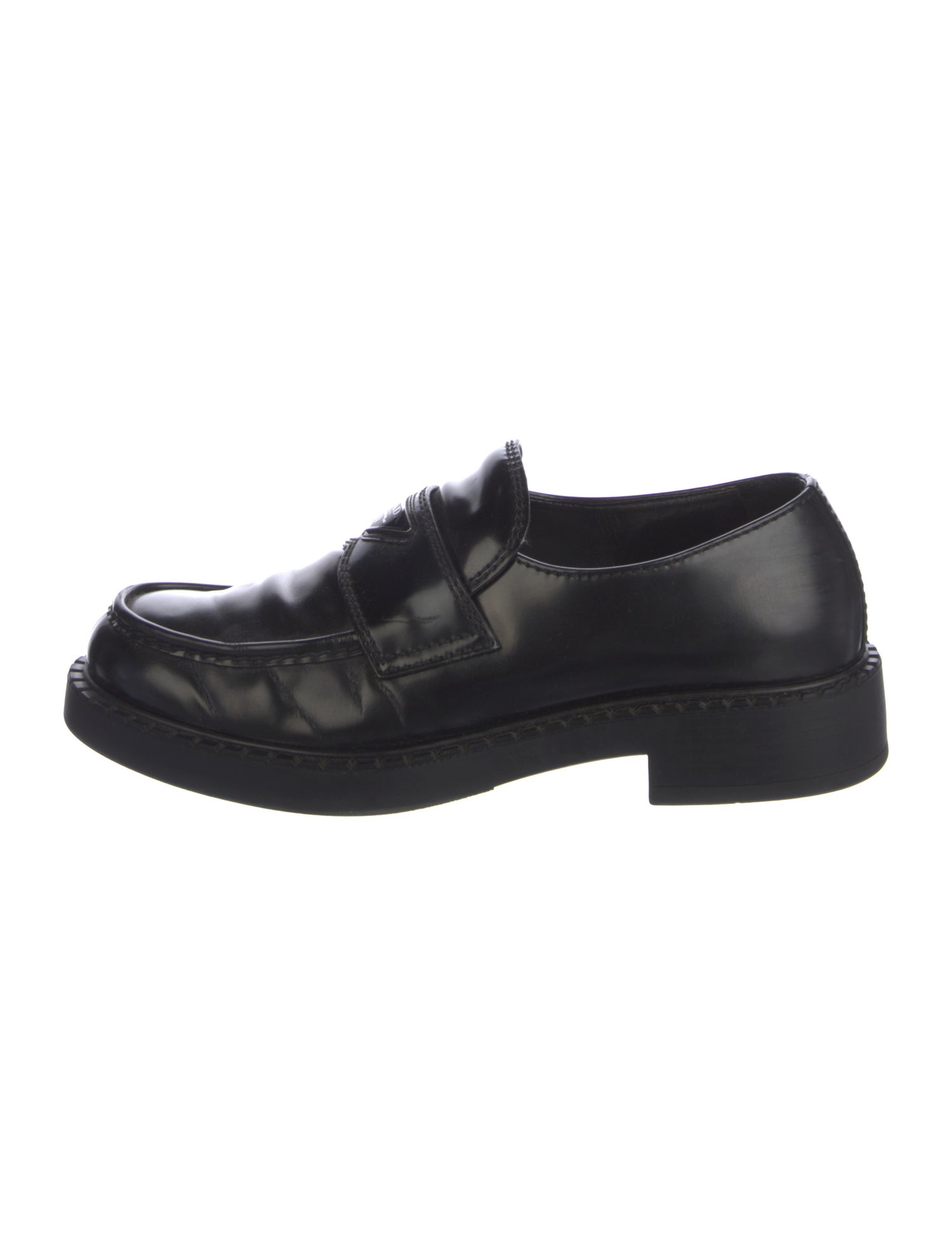 Prada Enameled Metal Triangle Leather Loafers
