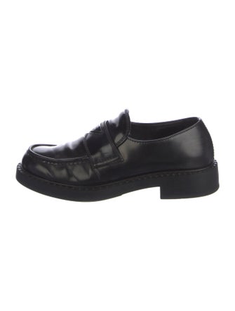 Prada Enameled Metal Triangle Leather Loafers