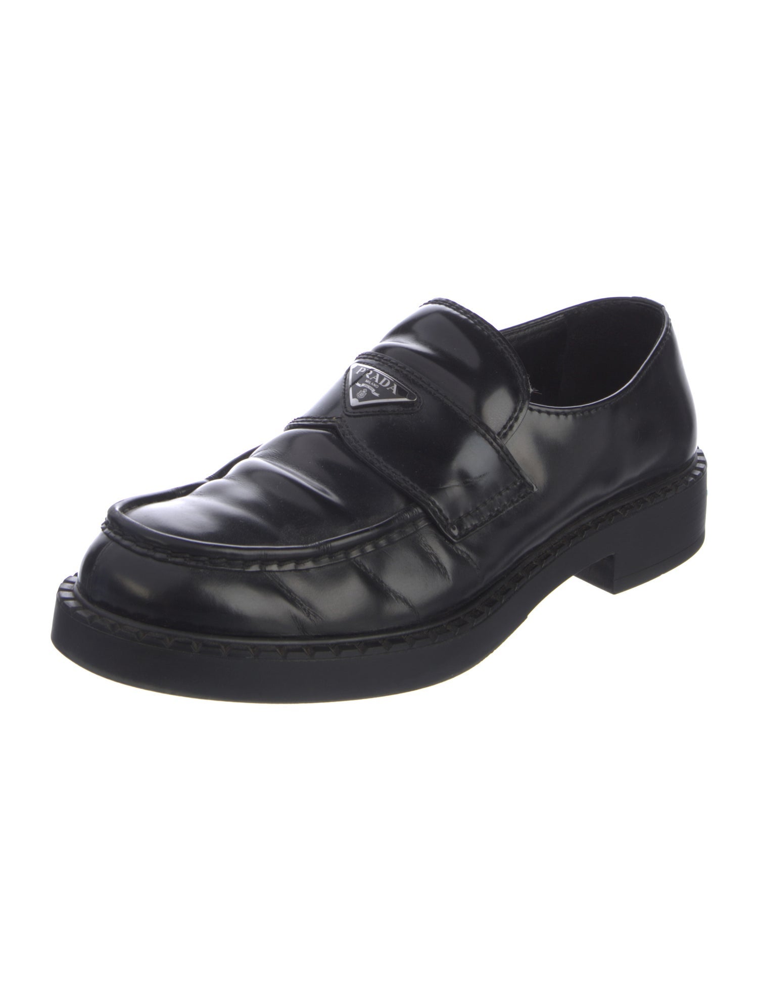 Prada Enameled Metal Triangle Leather Loafers