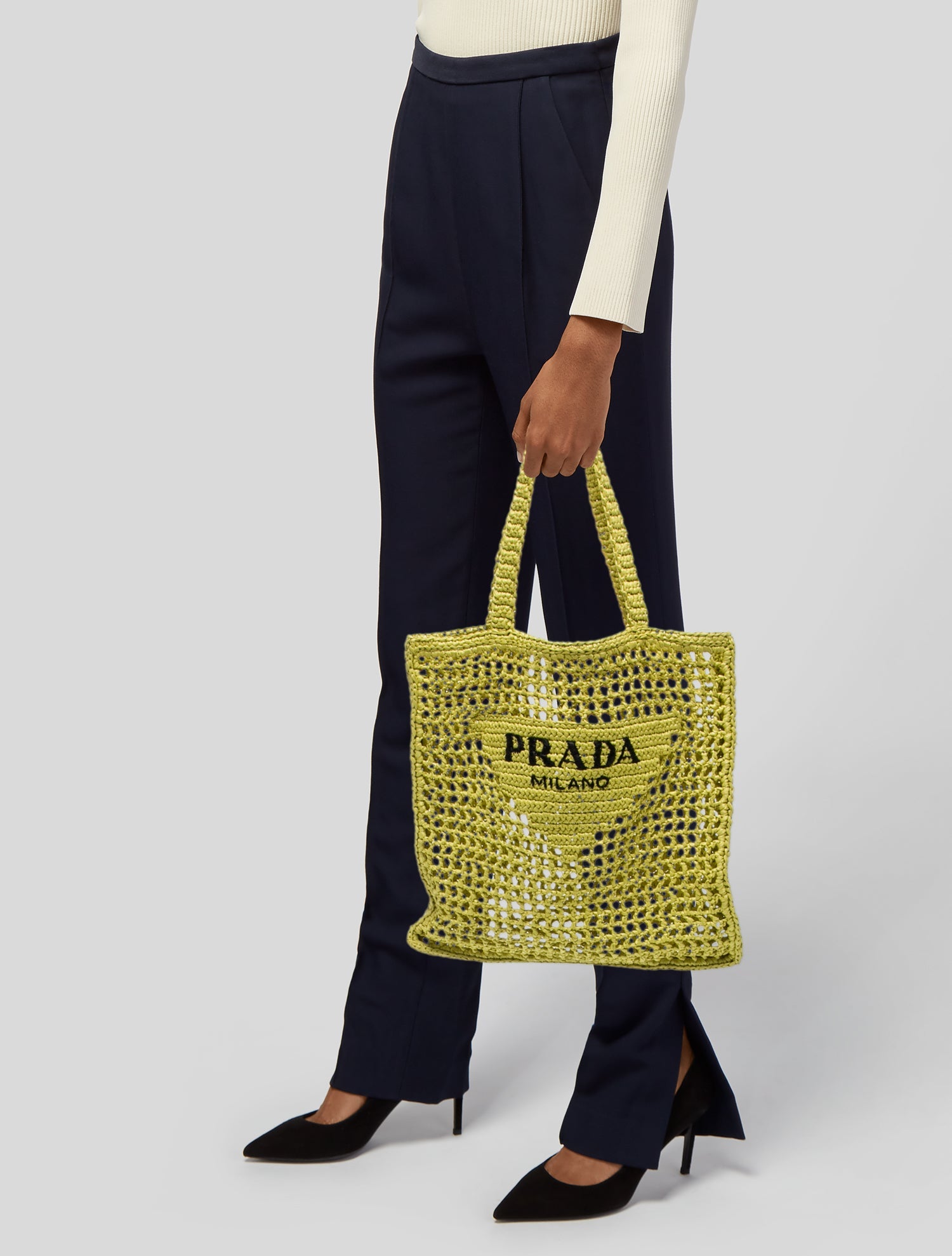Prada Raffia Grass Yarm Raffia Effect Tote Bag