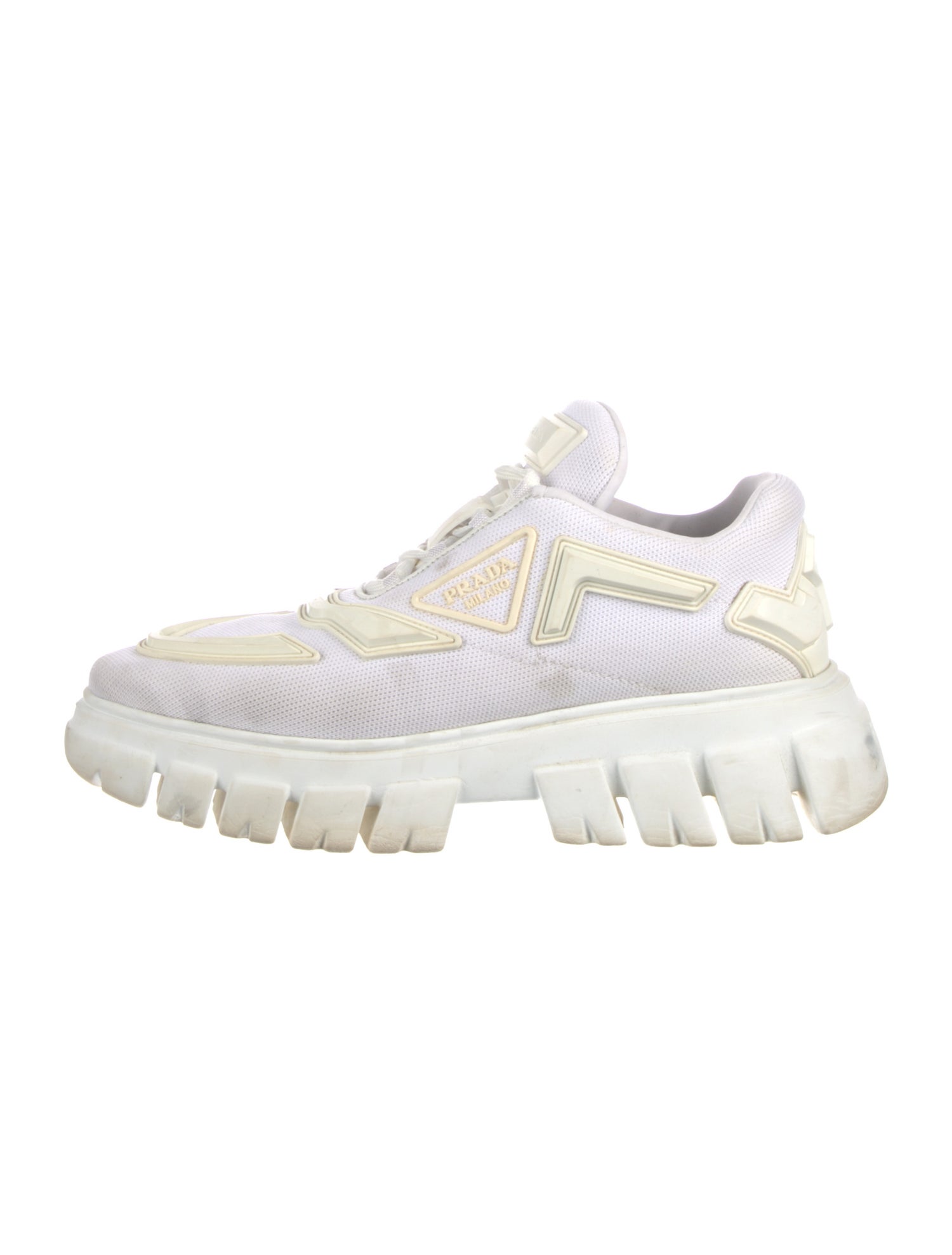 Prada Enameled Metal Triangle Printed Sneakers