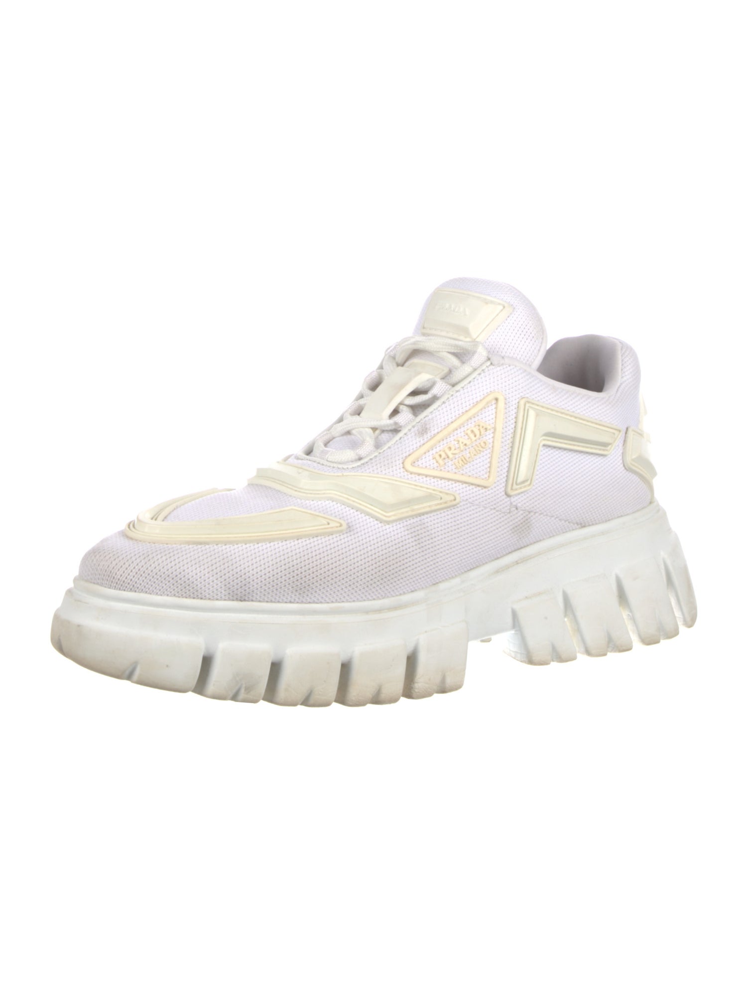Prada Enameled Metal Triangle Printed Sneakers