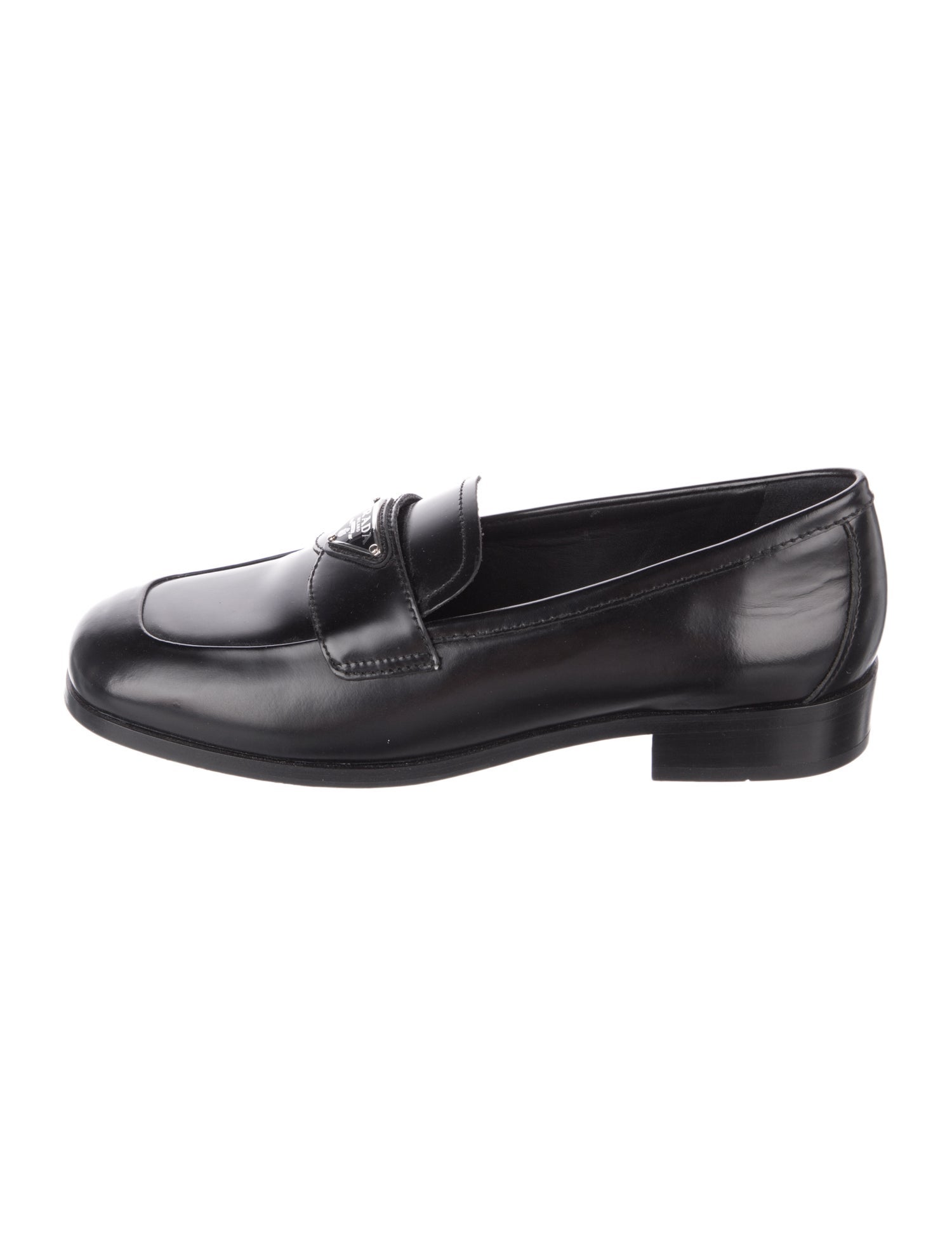 Prada Enameled Metal Triangle Leather Loafers