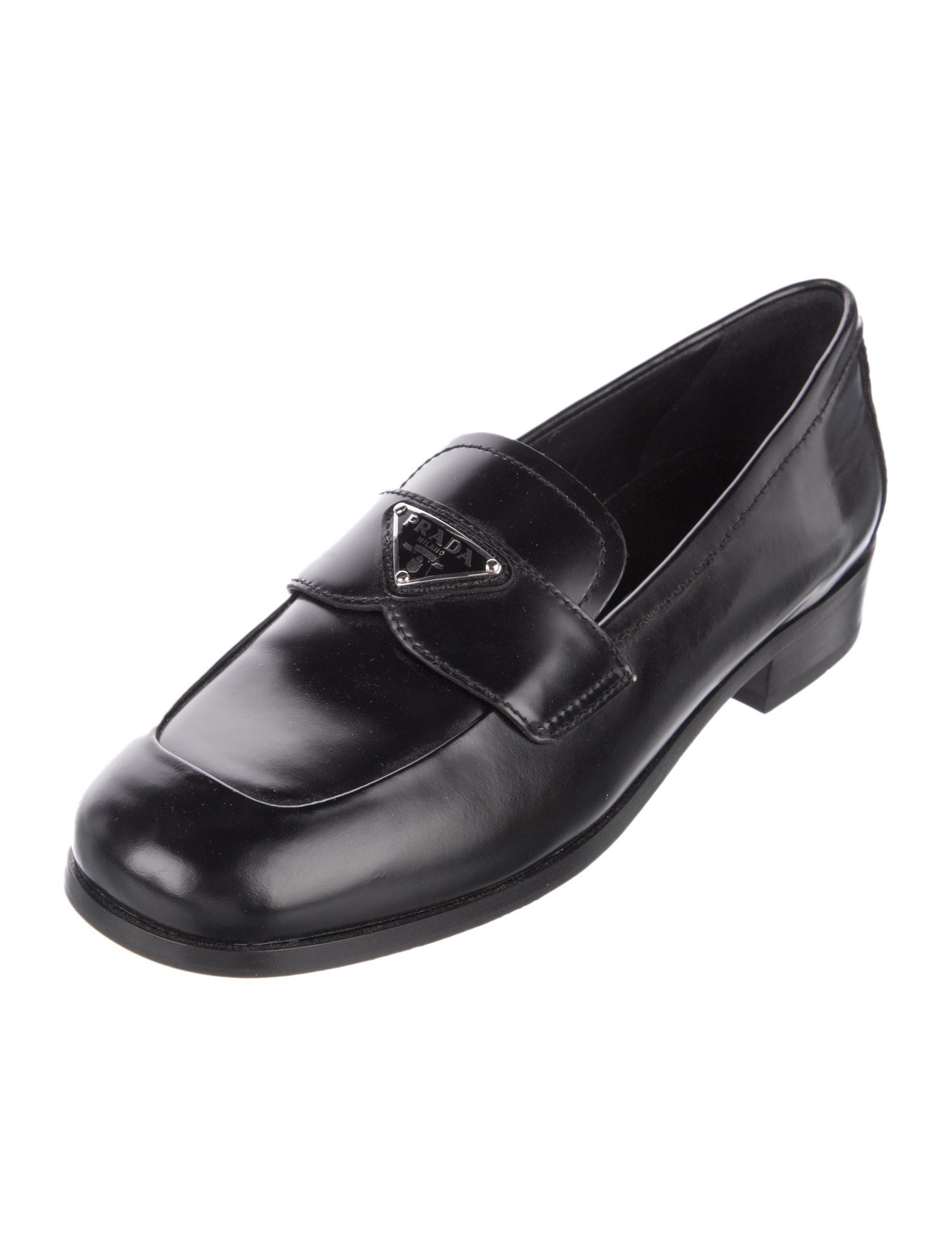 Prada Enameled Metal Triangle Leather Loafers