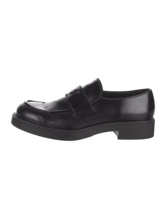 Prada Enameled Metal Triangle Leather Loafers