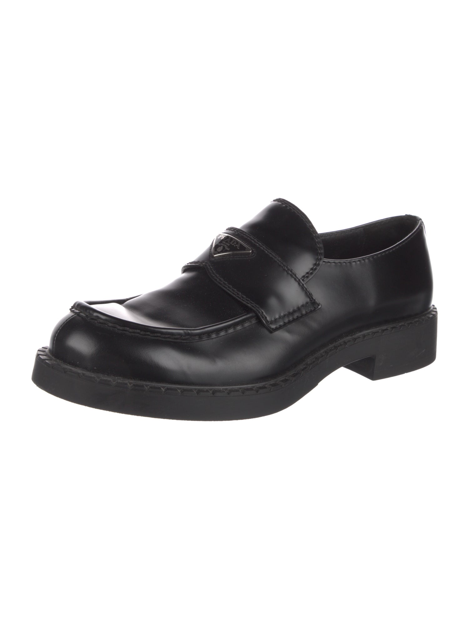Prada Enameled Metal Triangle Leather Loafers