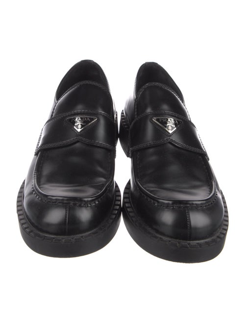 Prada Enameled Metal Triangle Leather Loafers
