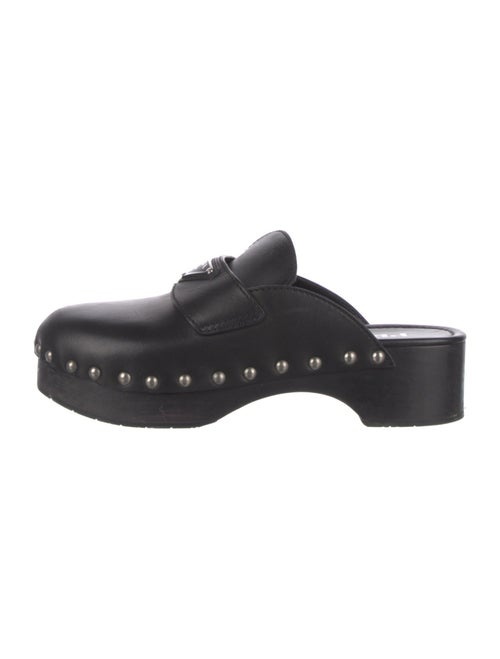 Prada Enameled Metal Triangle Leather Mules