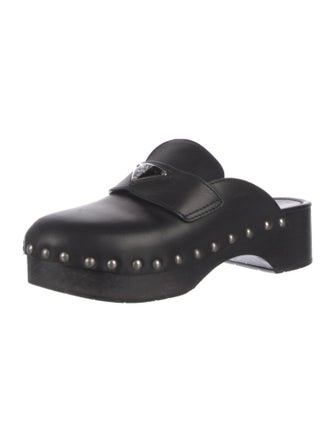 Prada Enameled Metal Triangle Leather Mules