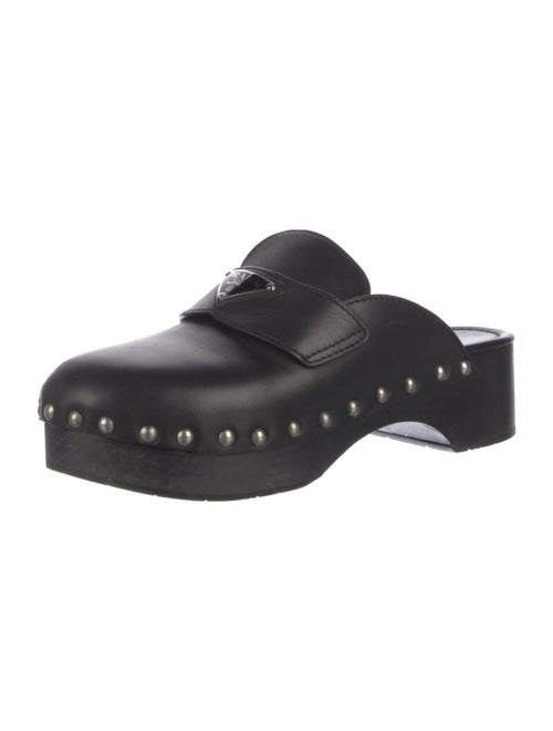 Prada Enameled Metal Triangle Leather Mules