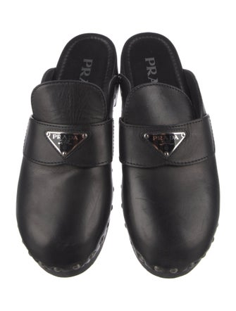 Prada Enameled Metal Triangle Leather Mules