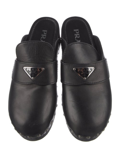 Prada Enameled Metal Triangle Leather Mules