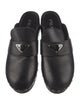 Prada Enameled Metal Triangle Leather Mules