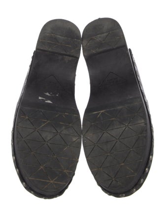 Prada Enameled Metal Triangle Leather Mules