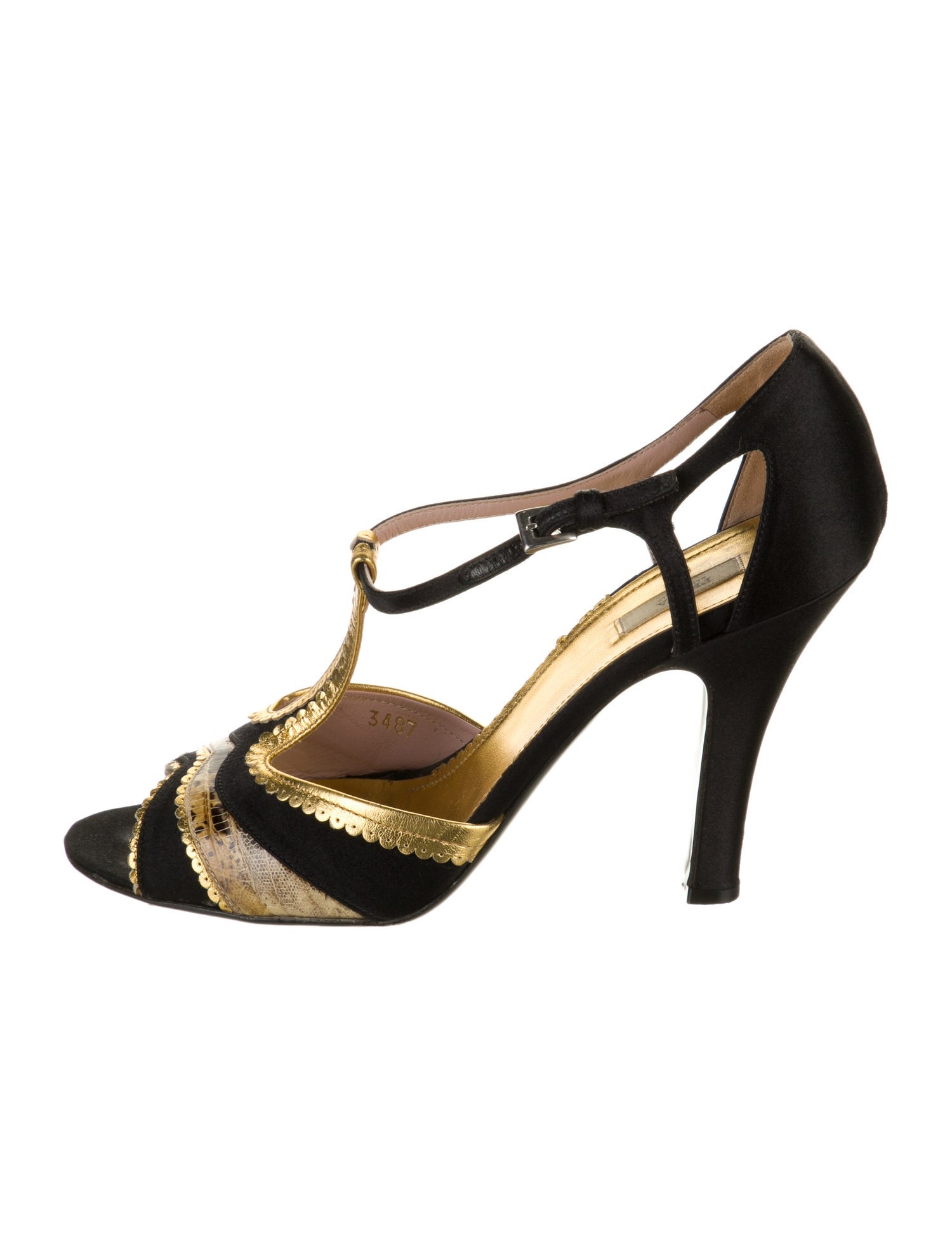 Prada Satin Colorblock Pattern T-Strap Pumps