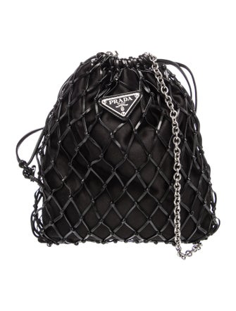 Prada Satin Leather Trimmed Raso Net Drawstring Bag Small