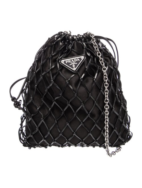 Prada Satin Leather Trimmed Raso Net Drawstring Bag Small