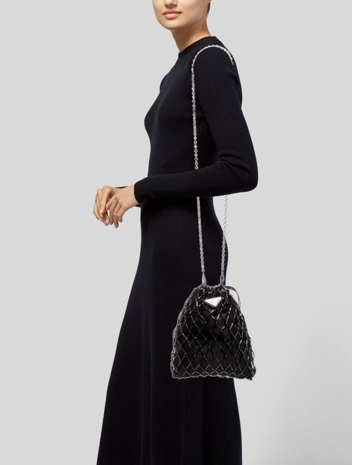 Prada Satin Leather Trimmed Raso Net Drawstring Bag Small