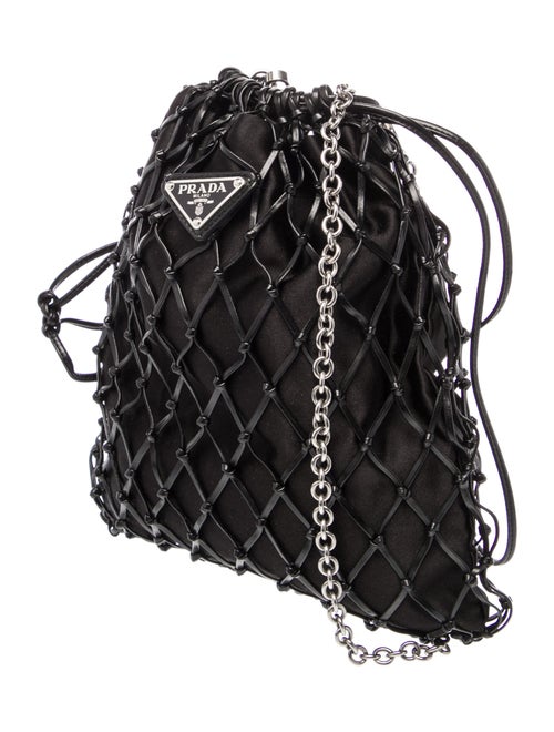 Prada Satin Leather Trimmed Raso Net Drawstring Bag Small
