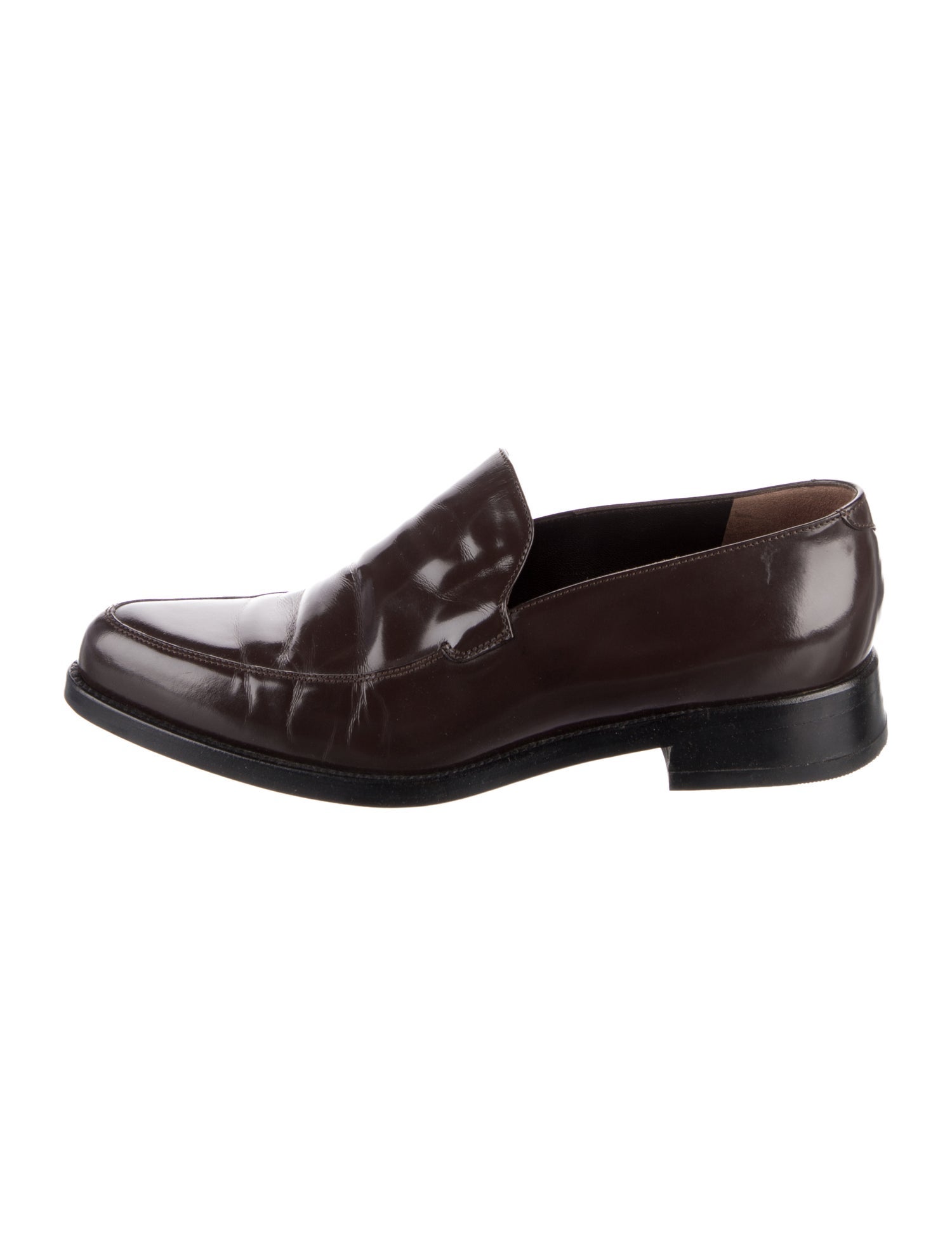 Prada Enameled Metal Triangle Leather Loafers