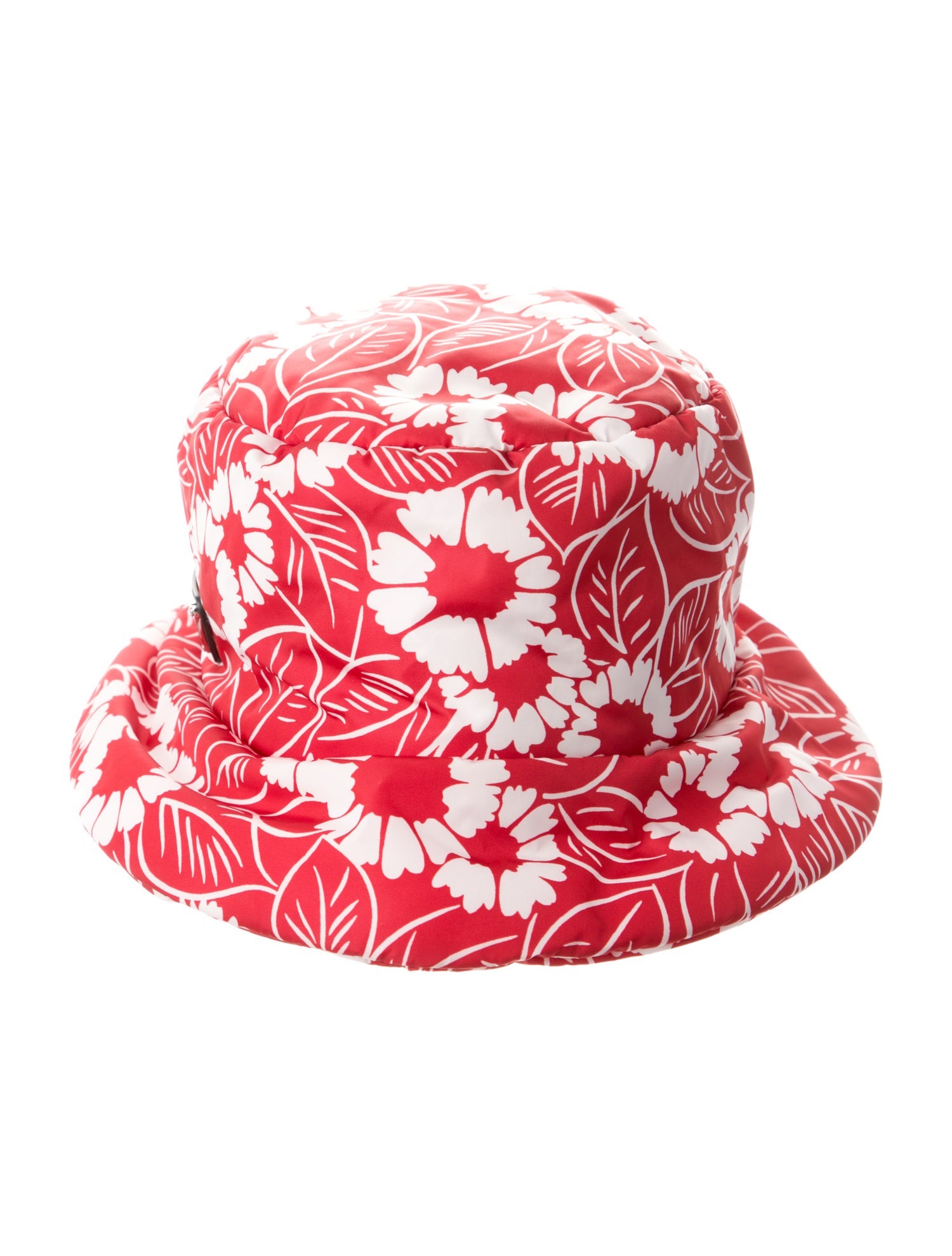 Prada Nylon Flower Pattern Print Bucket Hat w/ Silver And Black Metal Tone Logo At Side w/Tags