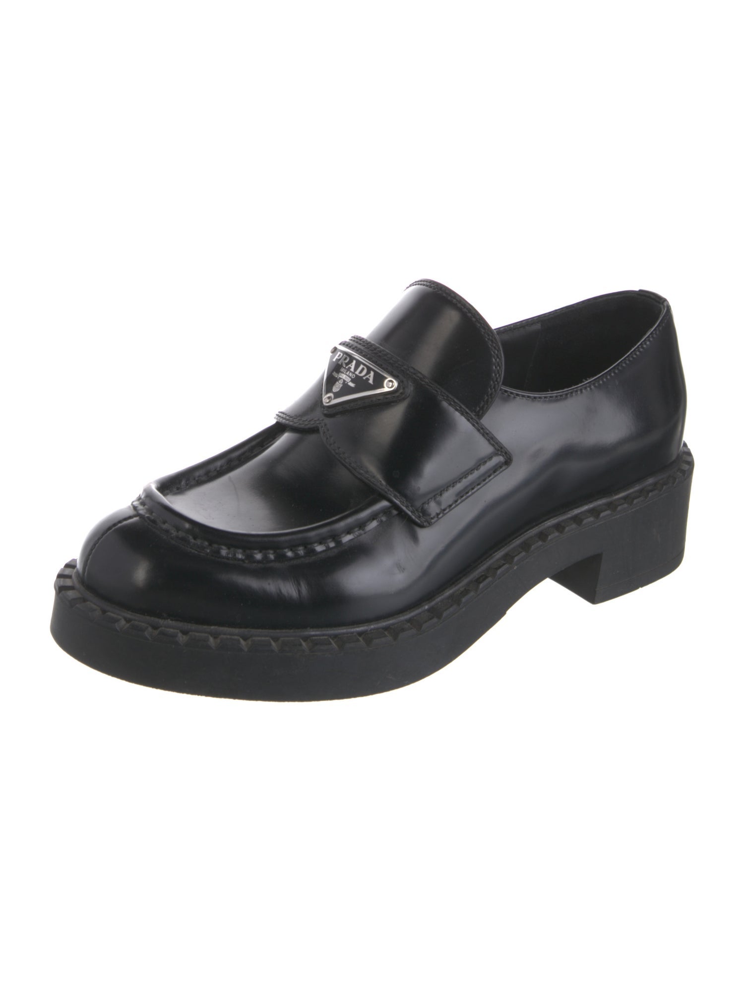 Prada Enameled Metal Triangle Leather Oxfords