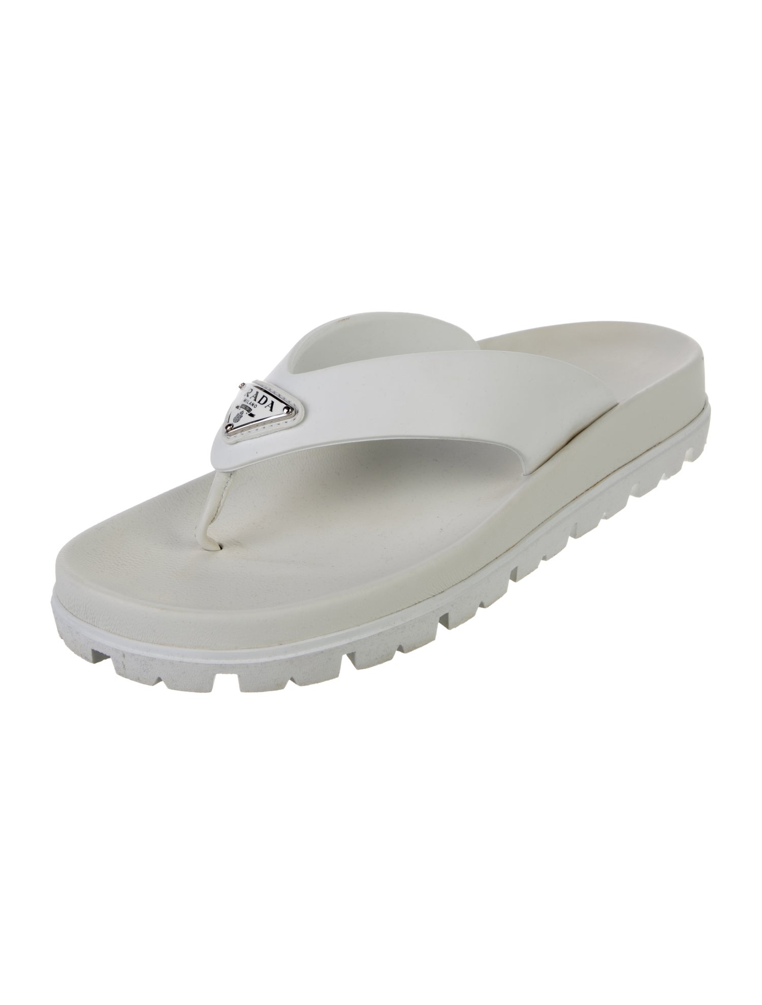 Prada Enameled Metal Triangle Rubber Slides