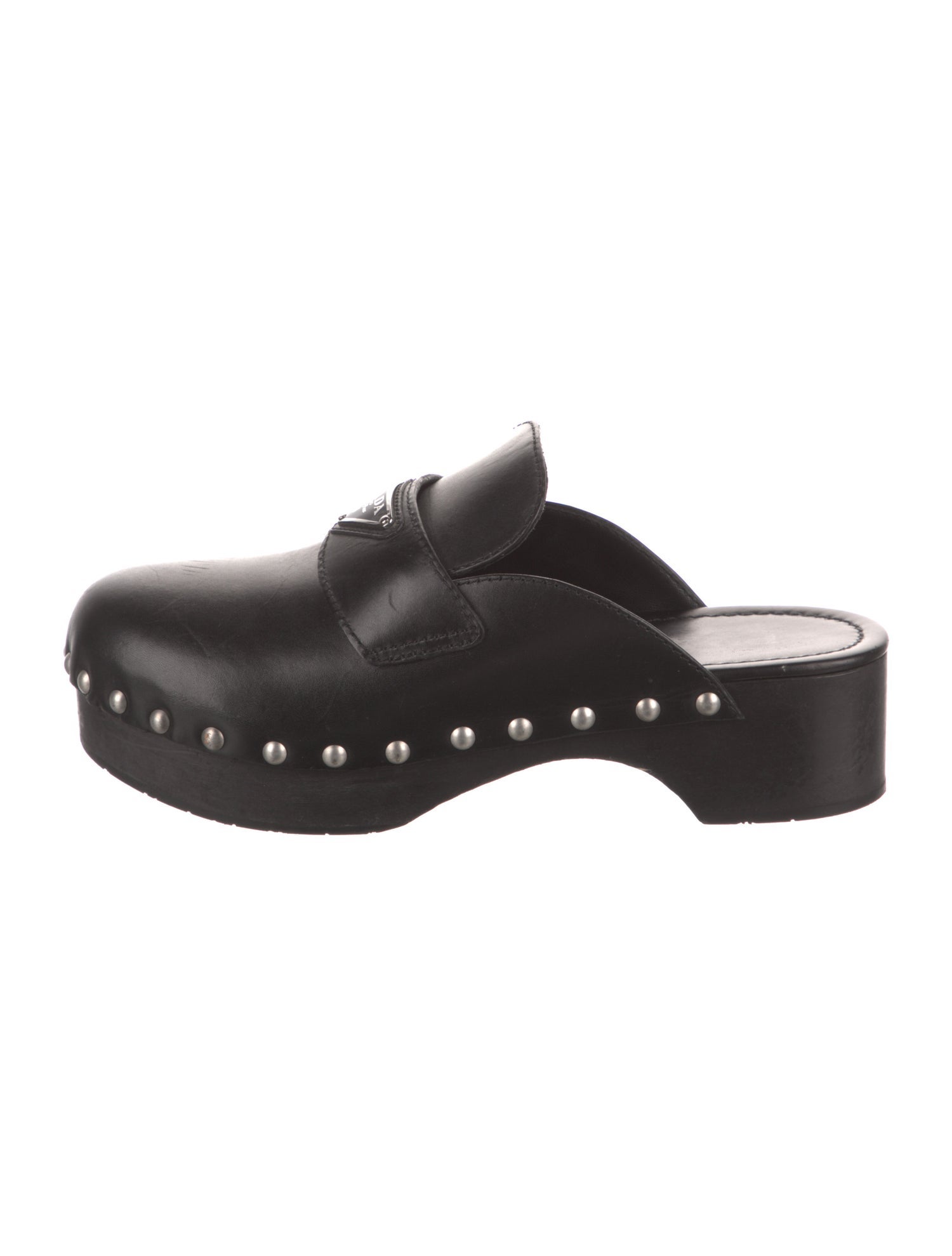 Prada Enameled Metal Triangle Leather Mules