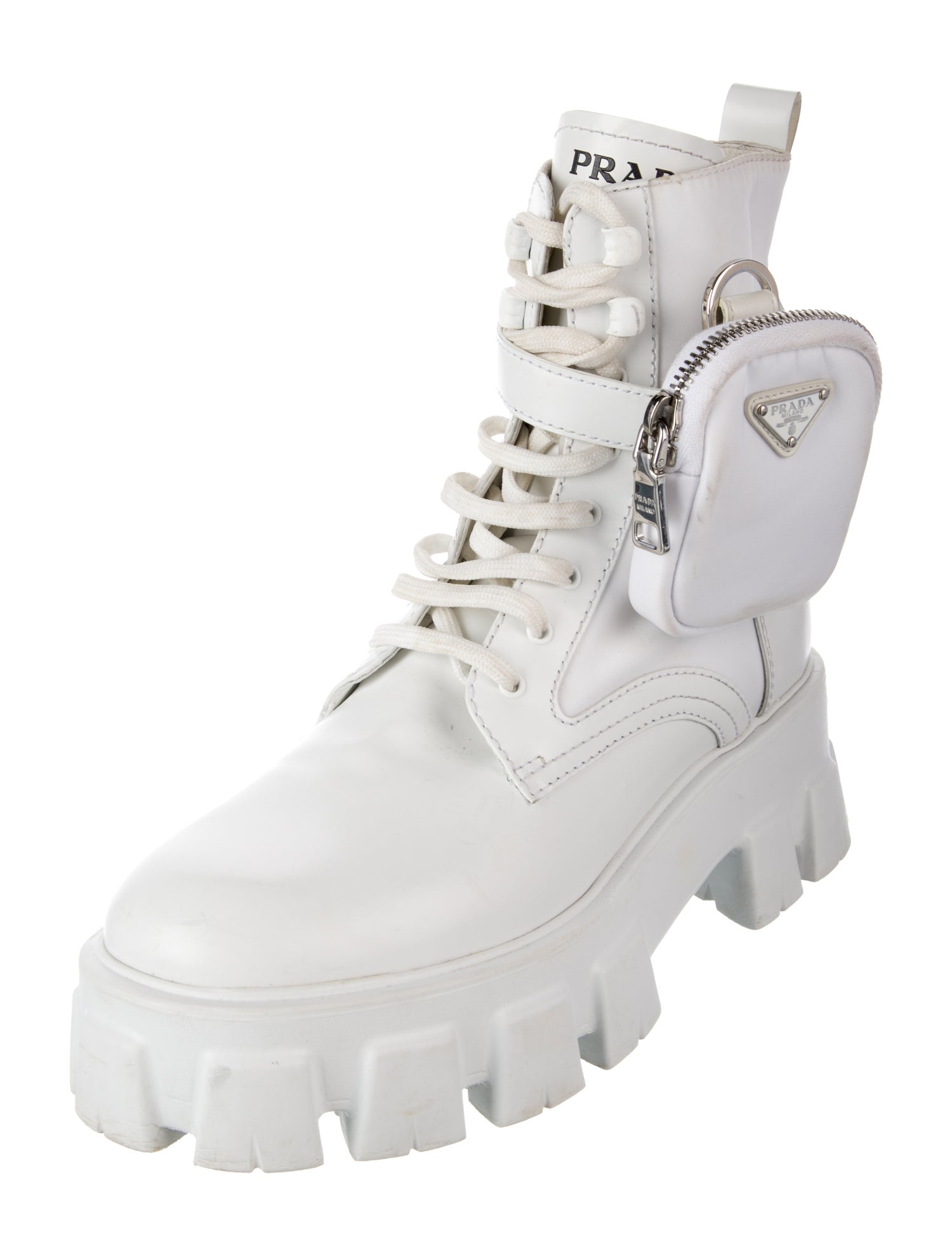 Prada Re-Nylon Monolith Enameled Metal Triangle Combat Boots