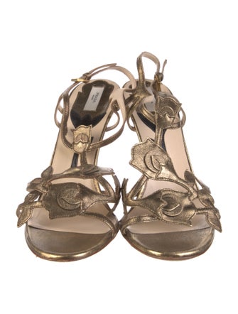 Prada Leather Floral Print T-Strap Sandals