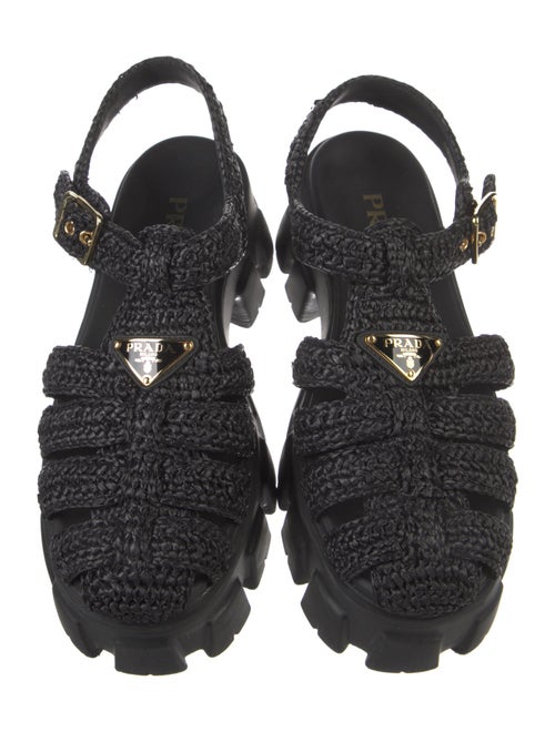 Prada Enameled Metal Triangle Raffia Slingback Sandals