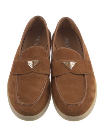 Prada Enameled Metal Triangle Suede Sneakers