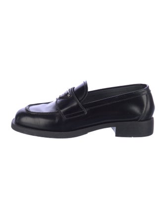 Prada Enameled Metal Triangle Leather Loafers