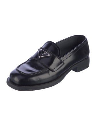 Prada Enameled Metal Triangle Leather Loafers