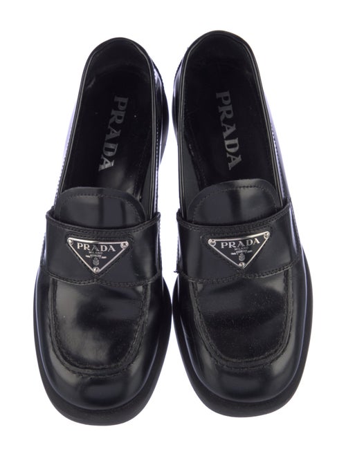 Prada Enameled Metal Triangle Leather Loafers