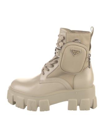 Prada Enameled Metal Triangle Leather Combat Boots