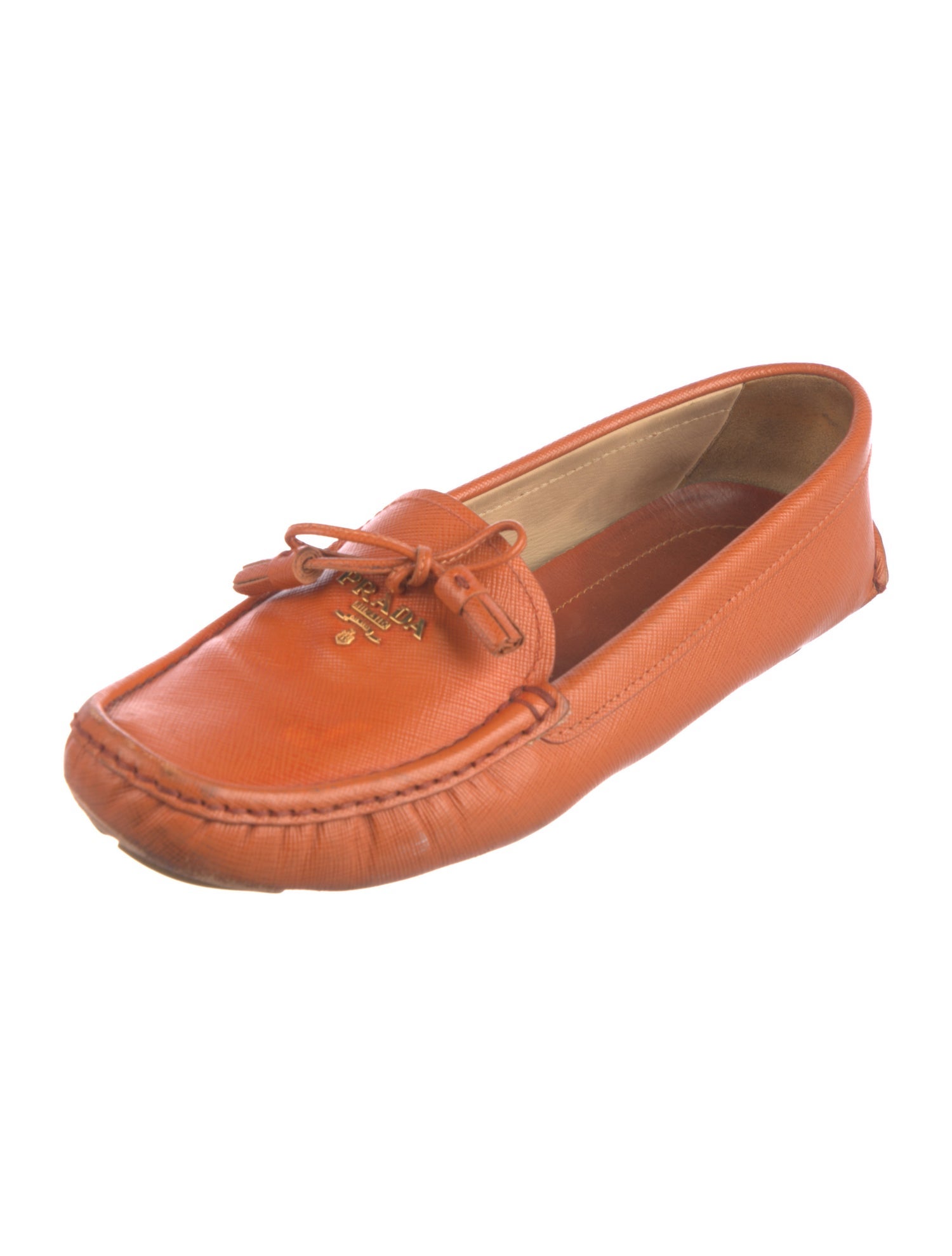 Prada Saffiano Leather Bow Accents Moccasins