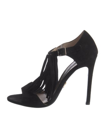 Prada Suede Fringe Trim Accent T-Strap Sandals