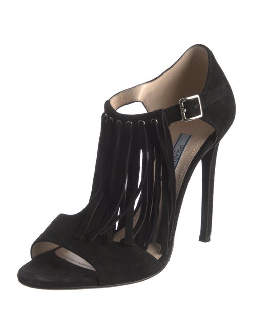 Prada Suede Fringe Trim Accent T-Strap Sandals