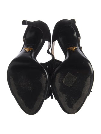 Prada Suede Fringe Trim Accent T-Strap Sandals