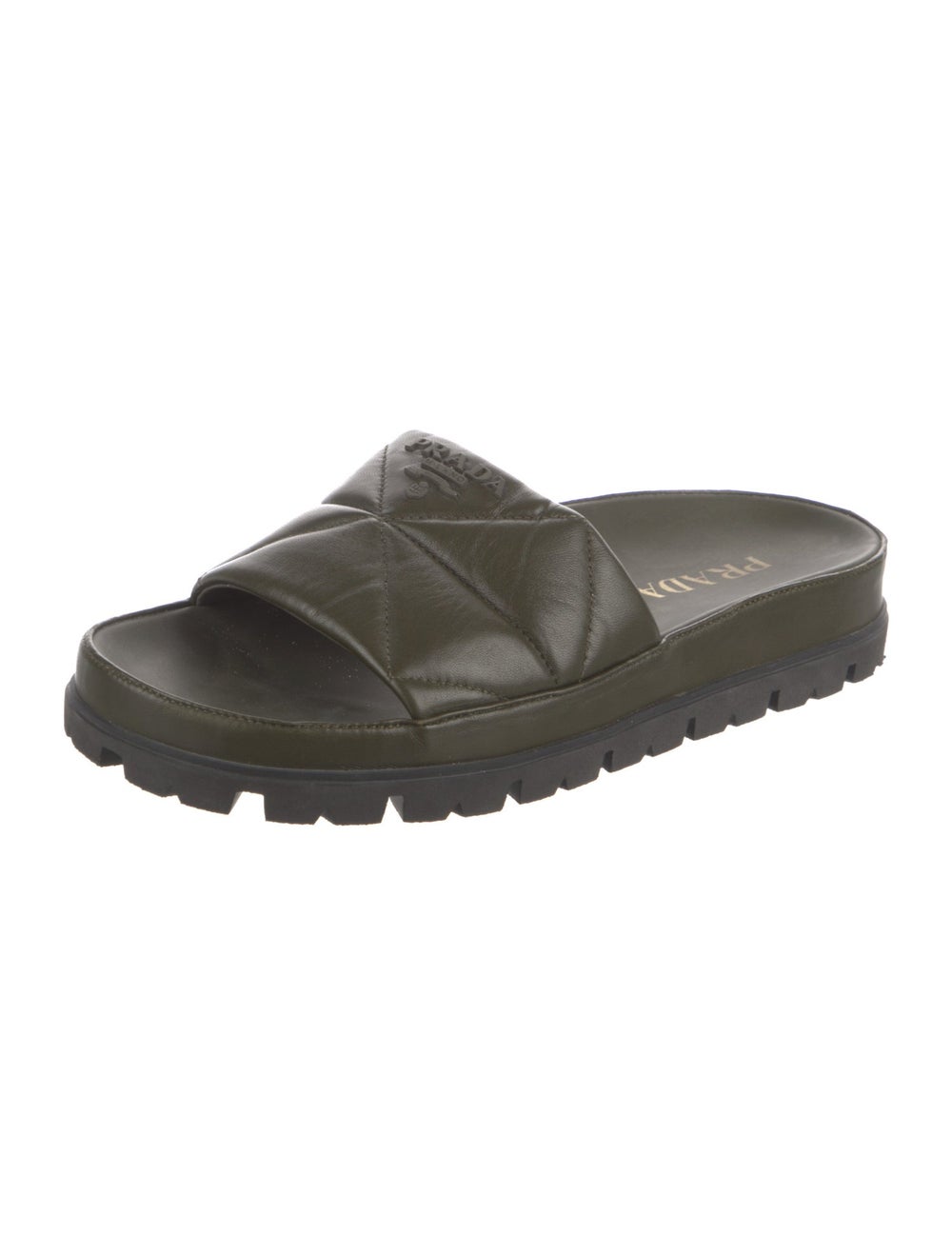 Prada Leather Slides Green Quilted Pattern Rubber… - image 2