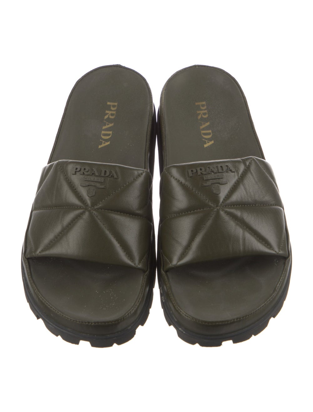 Prada Leather Slides Green Quilted Pattern Rubber… - image 3