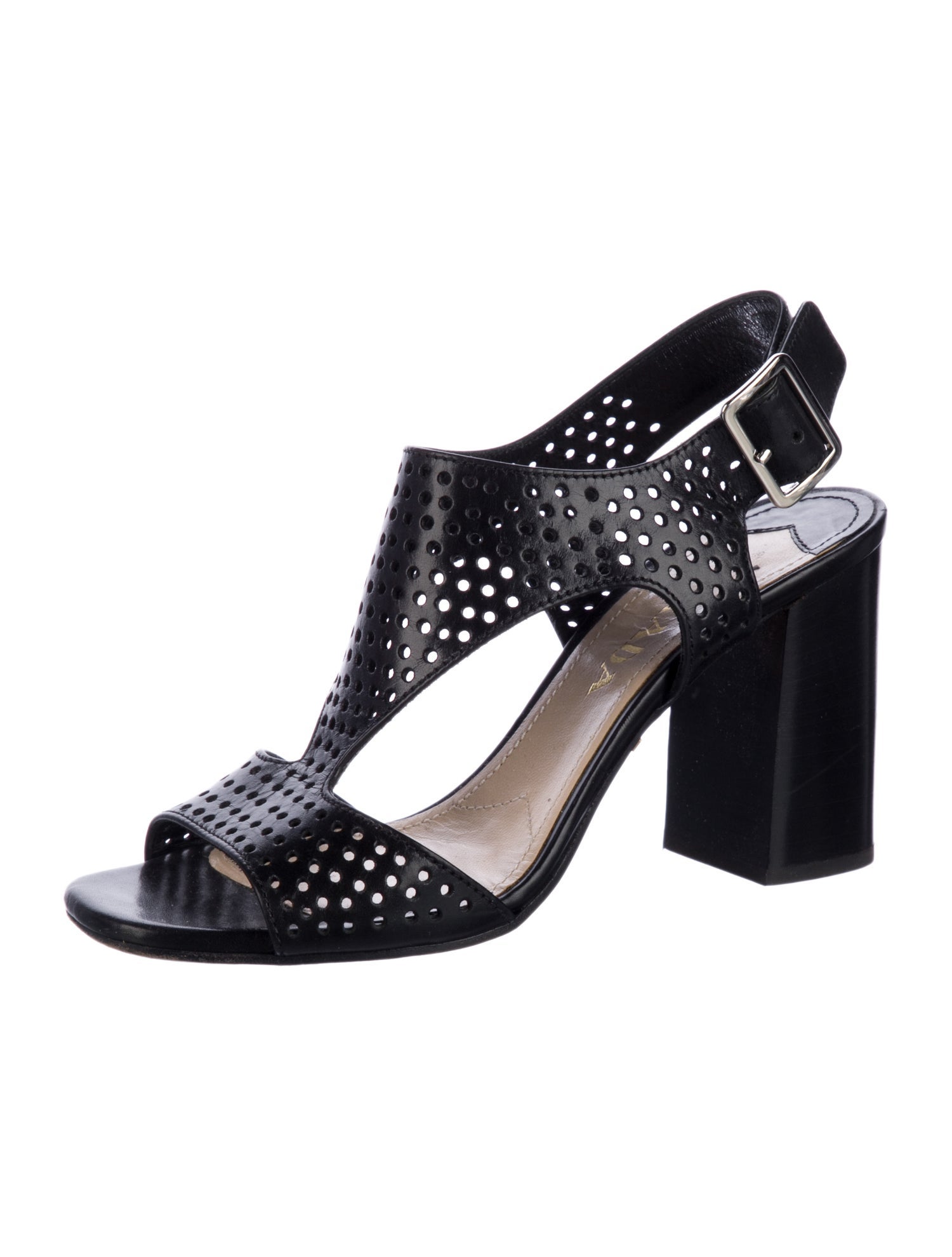 Prada Leather Lasercut Accents T-Strap Sandals